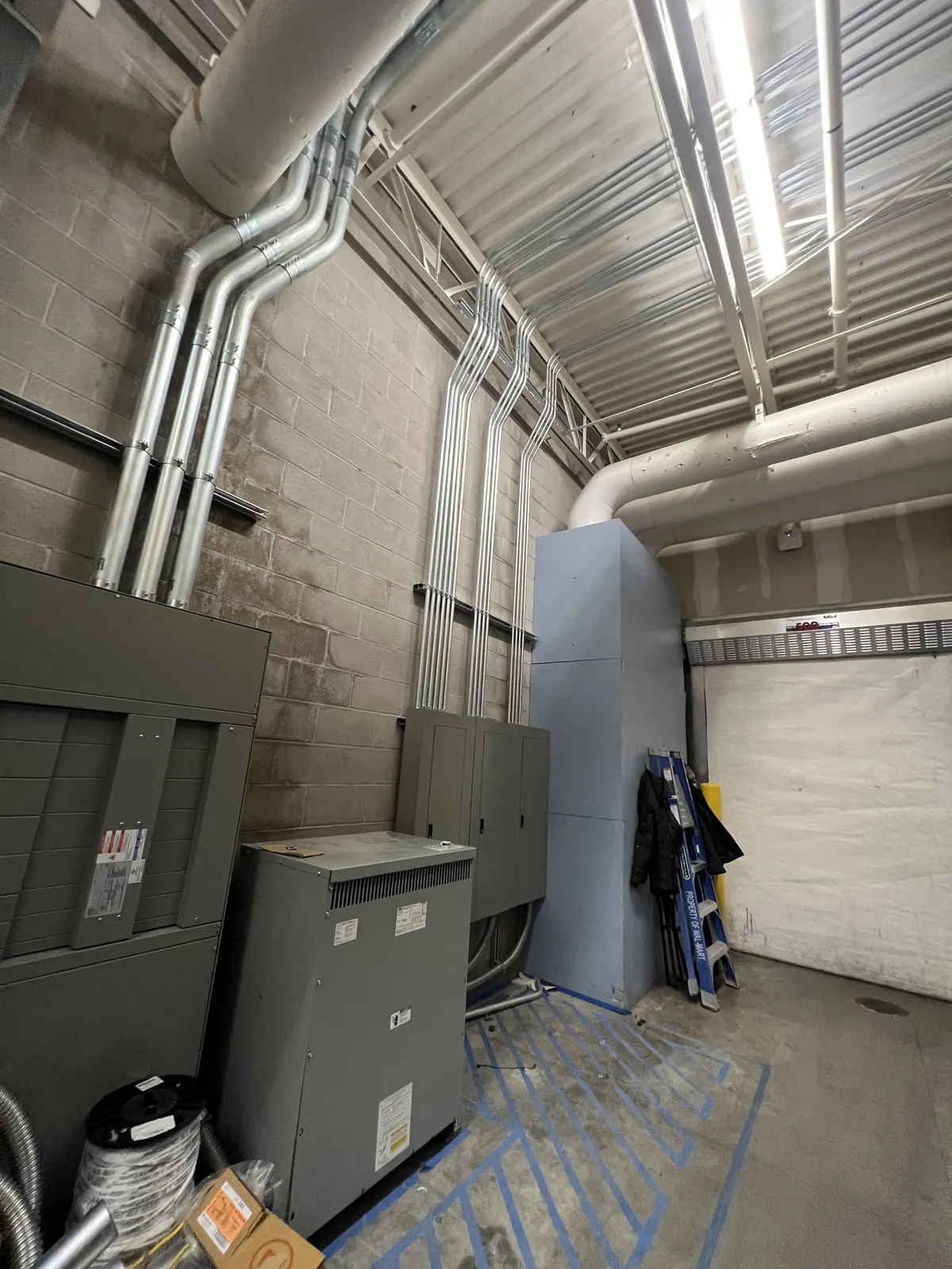 Commercial electrical room with transformer, panels and conduit runs