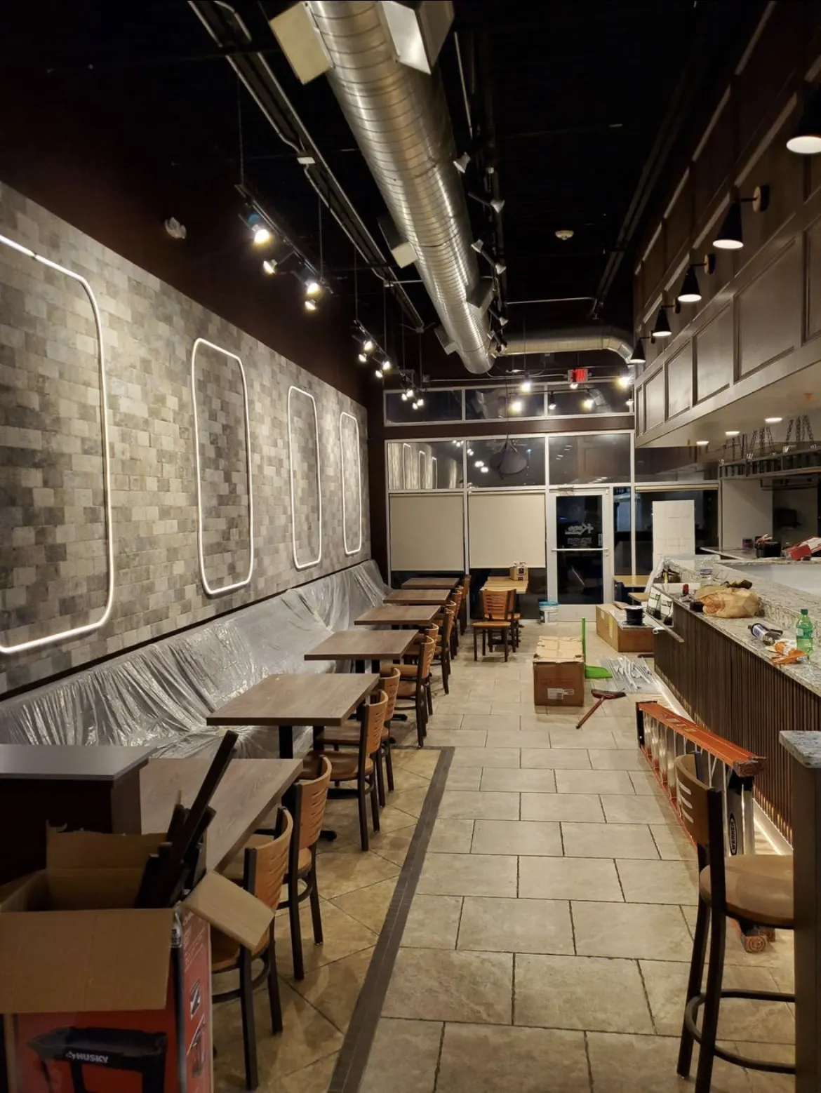 Restaurant dining room: Interior lighting and power during a restaurant build-out.